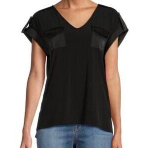Calvin Klein Womens Black Satin Western Pockets V Neck Short Sleeve Top Medium